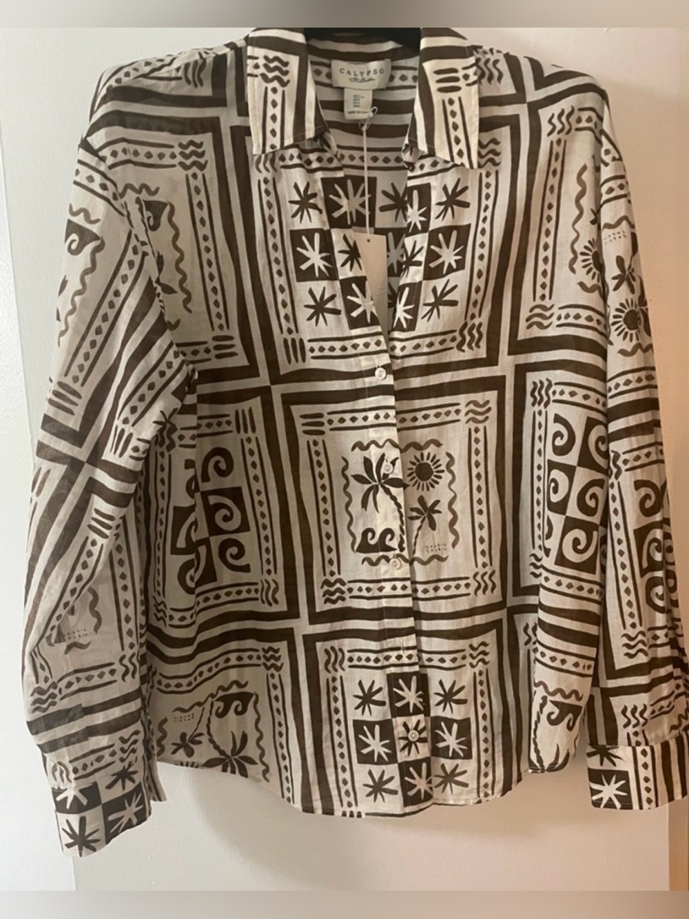 New Calypso St. Barth resort Print Cream/Brown Button Down Shirt Top Cotton Sz L